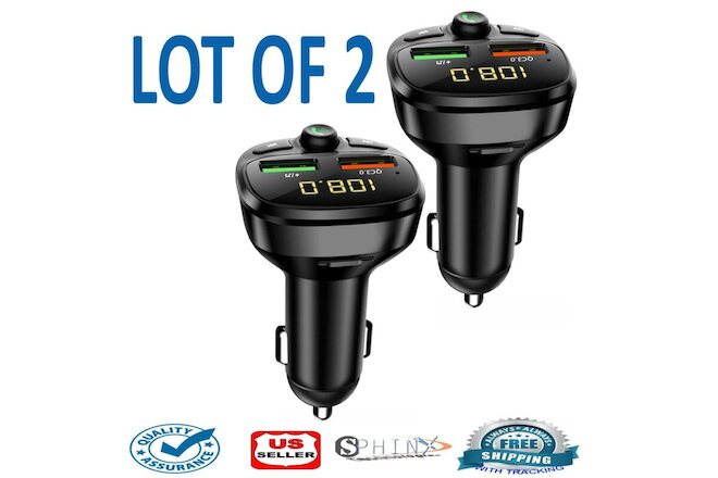 LOT 2 x Wireless USB Car Bluetooth 5.0 FM Transmitter QC3.0 Hands-free Radio AUX