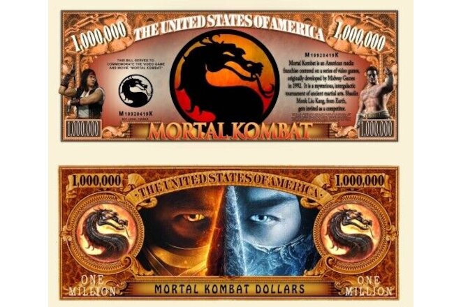 Mortal Kombat Pack of 10 Collectible 1 Million Dollar Bills Funny Money Novelty