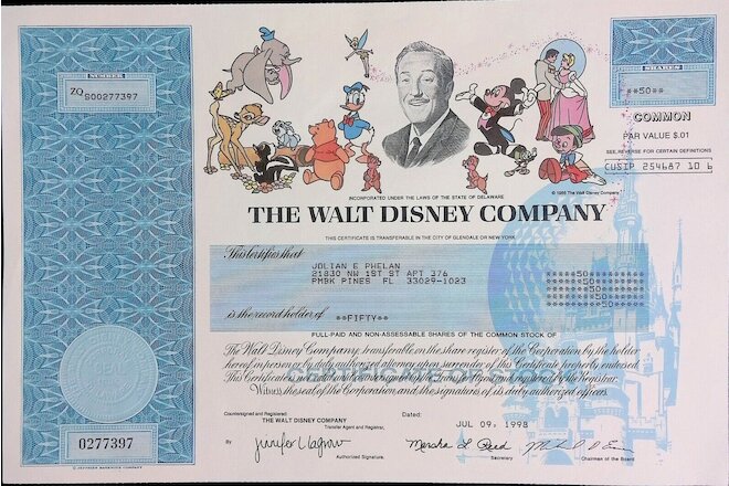 Walt Disney Co., Coca Cola and ect... Stock Certificates