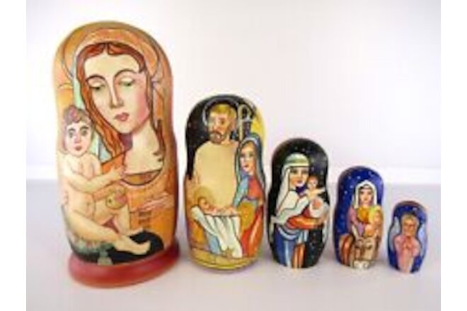 Matryoshka Nesting Doll 7" 5 Pc., Jesus Nativity Hand Made Russian 1072
