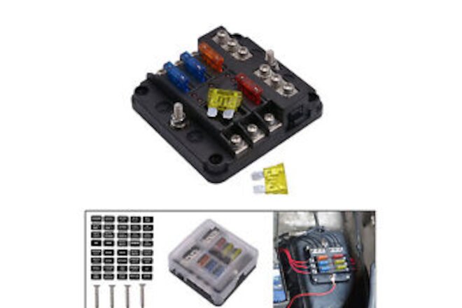 6 Way 12V-24V Car Power Distribution Blade Fuse Holder Box Block Panel w/ Fuses