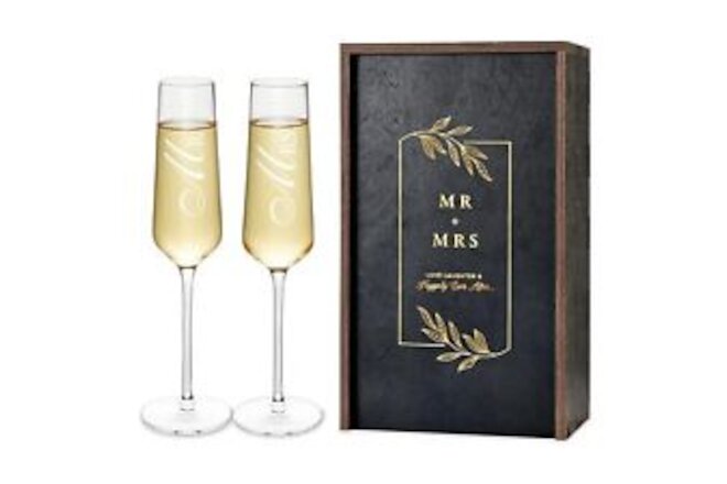 Wedding Champagne Flutes Set with Wood Memory Box, Crystal Champagne Flutes f...