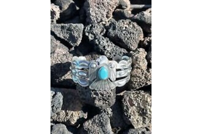 Sterling Silver Navajo Stamped Turquoise Thunderbird Cuff