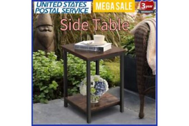 Industrial Bedside Table Sofa Side Table Storage Shelf Wood Nightstand Metal US