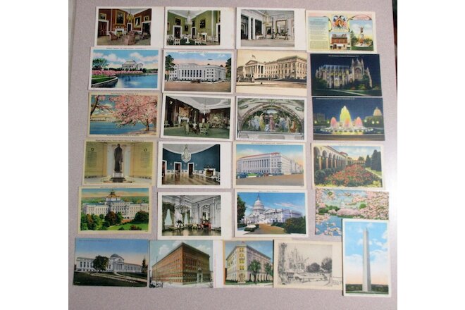 Lot of 25 USA Antique Washington D. C, Vtg. White Border & linen Postcards