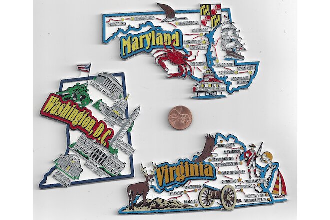 MARYLAND, VIRGINIA, WASH D.C  JUMBO  STATE  MAP  MAGNETS  NEW USA  3 MAGNETS