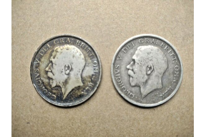 Lot of 2 - 1914 Great Britain UK King George V 92.5% Silver Half Crown Coins