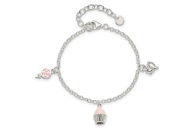 925 Sterling Silver Pink White Lollipop Cupcake Heart 1.5 inch Chain Charm Br...