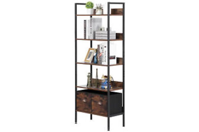 5 Tier Industrial Bookshelf Bookcase w/ Storage 2 Drawers for Home Office Brown