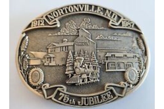 VTG North Dakota Belt Buckle Nortonville 1912-1987 75th Jubilee Solid Brass Mint