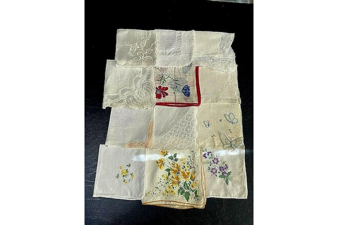 Vintage 12 Ladies Hankies 10"-13" Hand Hemmed, Linen, Embroidery, 1 Label EUC