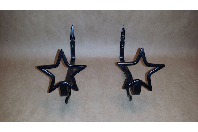 2 Star Shelf Brackets with Curtain Rod Pole Hooks, Wrought Iron, For 8" Shelf