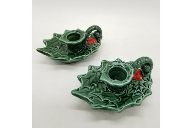 Vintage Lot of 2 Lefton Holly Berries Holiday Candle Holders w/ Handles Set VTG