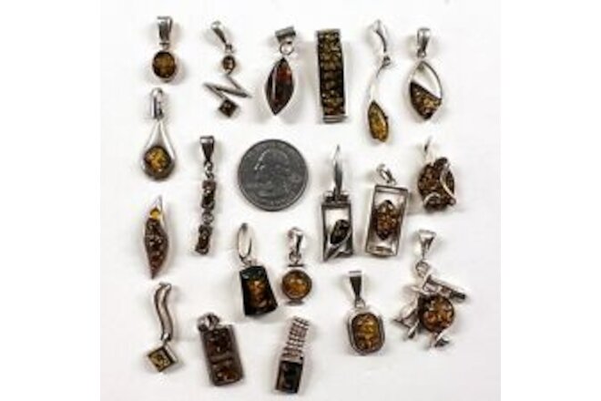 925 Solid Sterling Silver Baltic Amber Clean Shiny Quality Pendants Lot 47 g