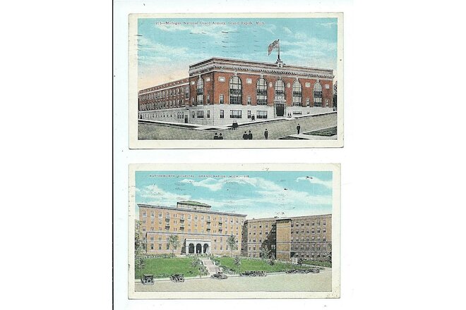 30's color Postcards GRAND RAPIDS Michigan Guard ARMORY old Butterworth HOSPITAL