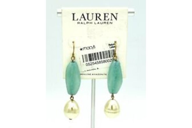 Ralph Lauren Green Amazonite Pearl Dangle Pierced Earrings