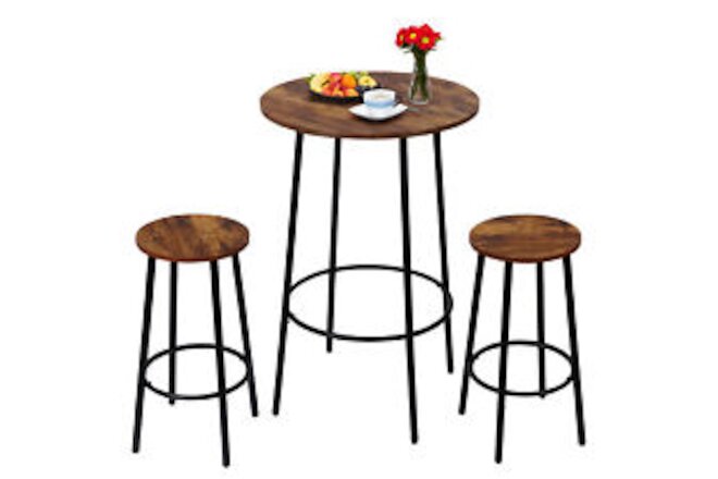 3 Piece Pub Dining Set Round Small Wood Bar Stools Kitchen Table Rustic Brown