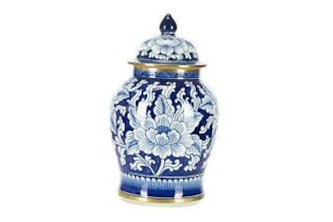 Peony Ginger Blue and White 10 inch Porcelain Ceramic and Brass Decorative Jar