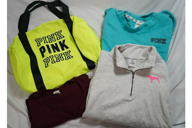 Women's Lot (4) VICTORIA'S SECRET PINK Sweatshirts, Duffle Bag & Shirt Sz S