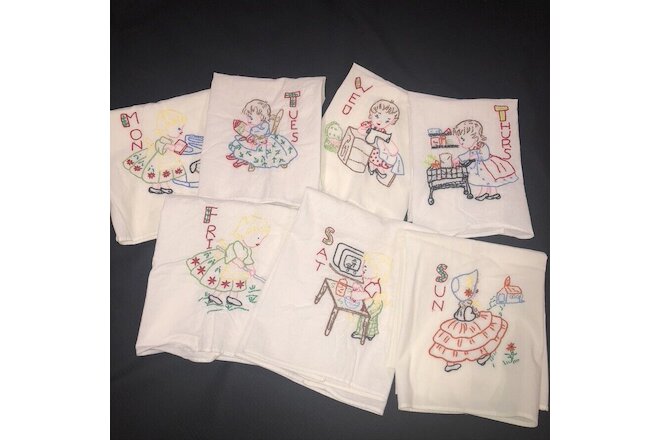 Vtg Complete Set of 7 Embroidered Days of the Week Dish Towels Girl doing Tasks