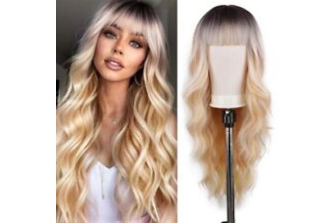 Ulzzviy Wigs with Bangs Long Wavy Wig for Women Synthetic Curly Brown Wigs ​H...