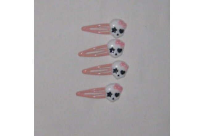 4pk Kawaii pastel goth skull w/bow hair clips white & pink nip