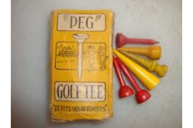 Antique PEG GOLF TEE Box "It Fits Your Fingers" with Assorted Wooden Tees
