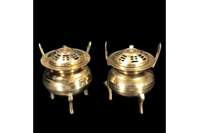 2ct Vintage Brass Chinese Censer Incense Burner Round w/ Lid Footed 5-in High