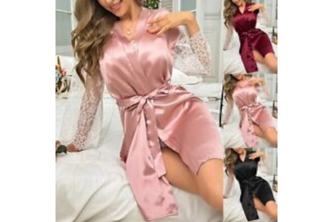 Sexy Women's Lace Satin Lingerie Housewear Long Sleeve Nightwear Bathrobe Dress