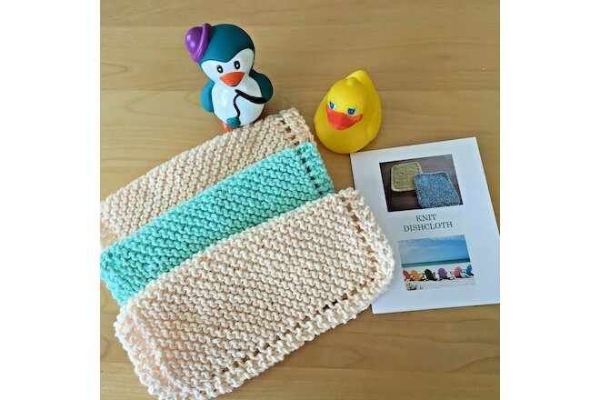 NEW Set of 3- Hand Knit-DISHCLOTHS / WASHCLOTHS with Directions (Ecru & Mint Gr)
