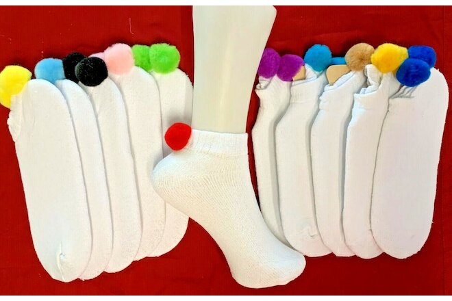 Women's POM POM SOCKS * Short Ankle WIth Ball - MIXED COLORS   - 10 Pair
