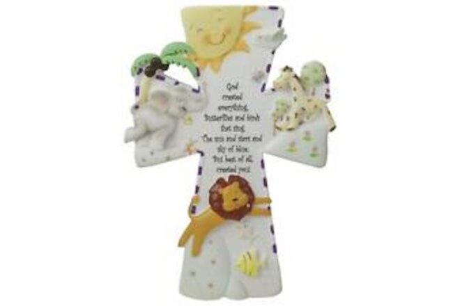 God Created Everything 7" Resin Stone Decorative Hanging Wall Cross for Nursery
