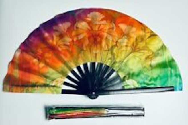 Art Nouveau Rainbow Irises 26" Extra Large Folding Clack Gay Pride Fan Rave