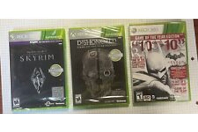 Xbox 360 Video Game Lot Of 3 Sealed Batman/Dishonored/Skyrim