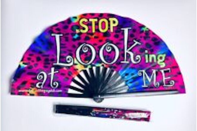 Stop Looking at Me, Leopard Print  26" Extra Large Folding Clack Gay Pride Fan