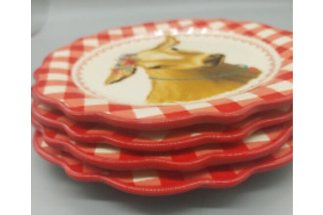 Pioneer Woman Red Gingham Salad Plate Brown Cow Decal 8.75in Ceramic New (4)