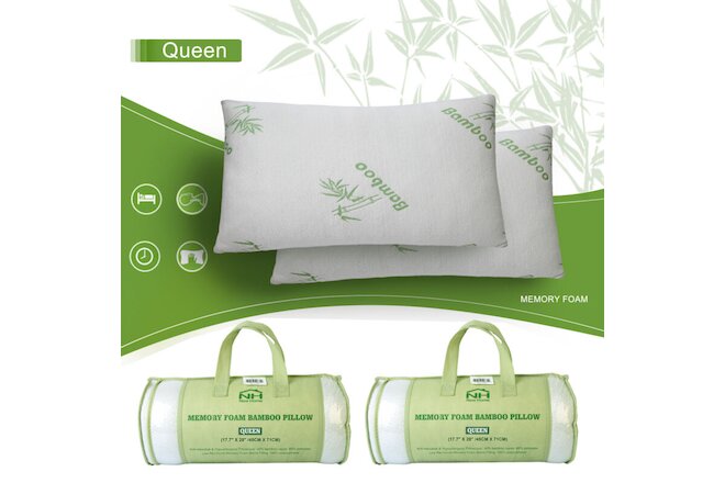 2 Pack Bamboo Memory Foam Pillow Hypoallergenic Bed Cool Comfort Queen Size