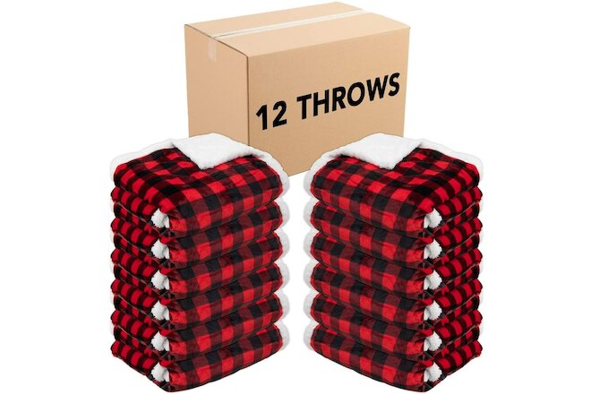 12 Pack of Buffalo Plaid Throw Blankets 50 x 70 Red & Black Soft Flannel Sherpa