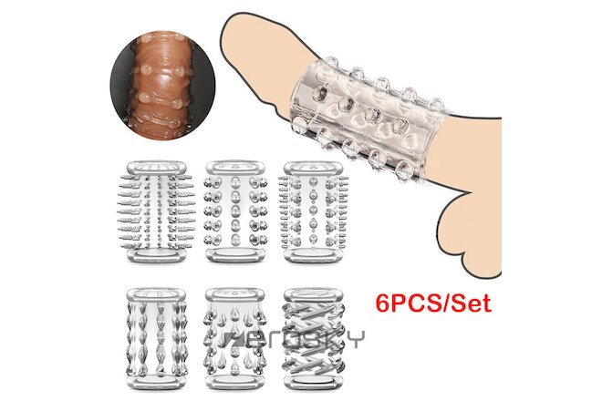 6PCS MEN-Reusable Condom-Penis-Extender-Enlarger-Sleeve-Bigger-Girth-Enhancer US