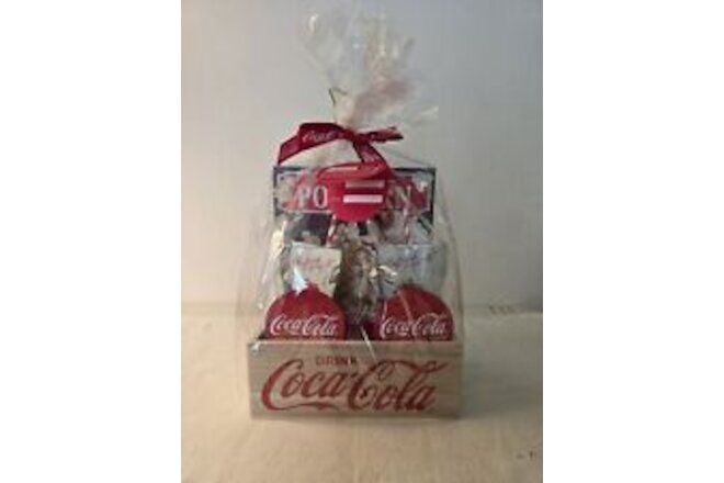 Coca-Cola Wooden Crate with genuine glasses, coasters, paper straws and popcorn