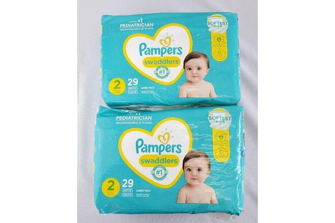 * Lot of 2 Pampers Swaddlers Size 2 Diapers 12-18 lbs 29 Ct Jumbo Pack NEW
