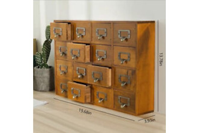 16 Drawers Apothecary Medicine Wood Cabinet Label Holder Card Catalog Organizer