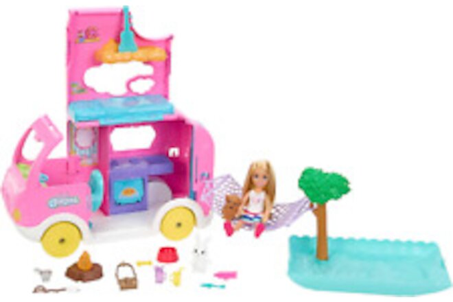 Barbie Camper, Chelsea 2-In-1 Playset with Small Doll, 2 Pets & 15 Accessories,