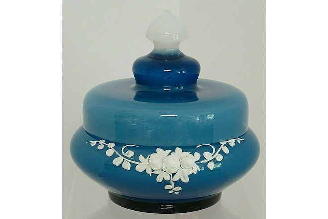 Gorgeous Vintage Blue Opaque Blown Glass Trinket Jar with Lid~Handpainted Roses