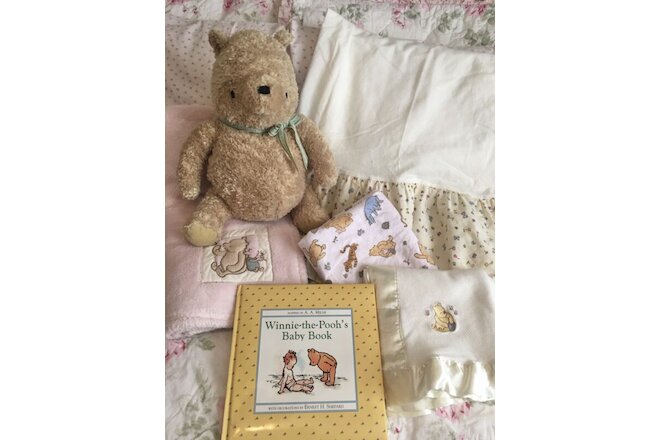 Lot 6 Classic Pooh Baby Girl Blanket Pink Soft Plush Pooh Crib Skirt Baby Book