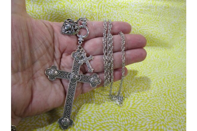 Large Cross Pendant/Heart Charm w/ Necklace 25" Silver Plated Rope Chain / S
