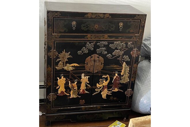 30" Antique 3D Oriental Chinese Furniture Black Lacquer Corner Cabinet Landscape