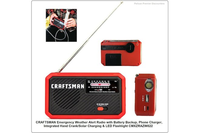 CRAFTSMAN Emergency Weather Radio w/ Battery Backup, Charger,Hand Crank, Solar