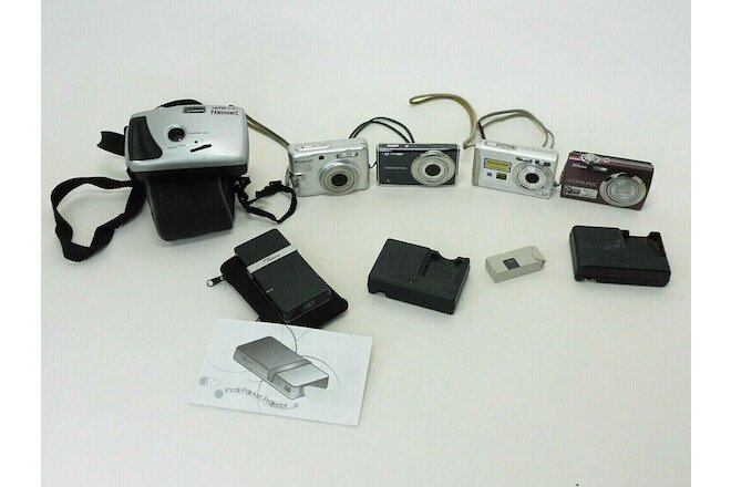Lot of 6 Cameras, Portable Projector, Battery, Chargers, Cases. 35mm, Digital