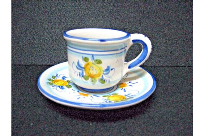 SET vtg CUP SAUCER hand painted POTTERY yellow FLORAL fruits S. GIMIGNANO